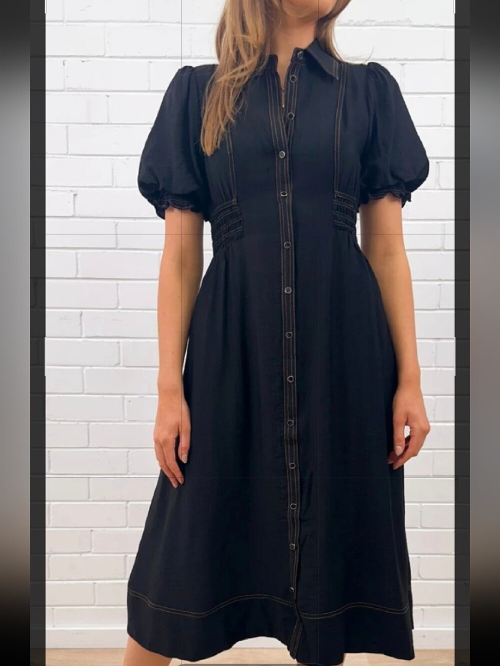 Entro Black Button-Front Midi Dress with Puff Sleeves-NWT